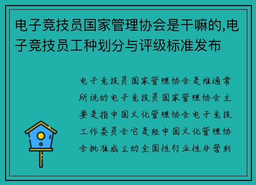 电子竞技员国家管理协会是干嘛的,电子竞技员工种划分与评级标准发布